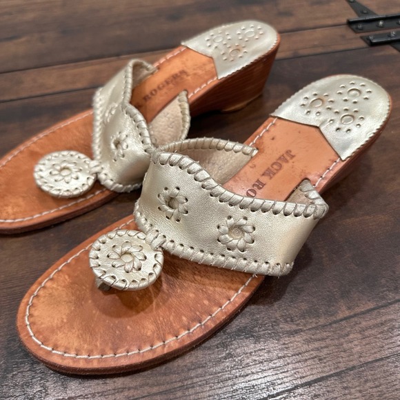 Jack Rogers Shoes - Jack Rogers Womens Gold Leather Thong Wedge Sandals Flip Flops Size 9